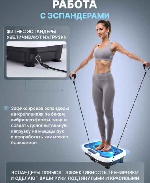 Виброплатформа 3D Vibration Plate для похудения с пультом управления и 2 тренировочными эспандерами, 2 мотора С-25/ Максимальная нагрузка 150 кг.